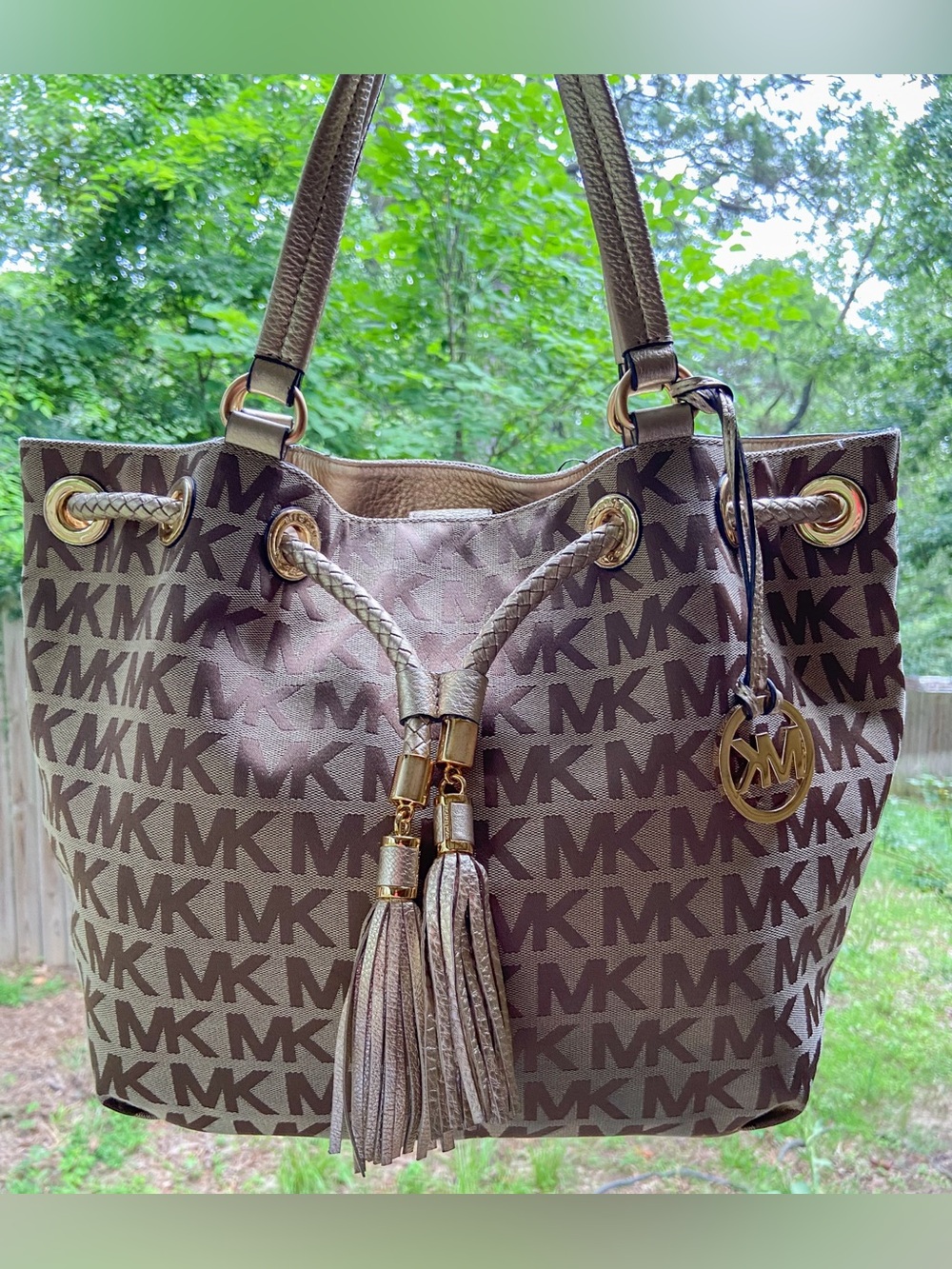 MICHAEL Michael Kors Jet Set Large Gathered Signature Monogram Tote Tassell Bag